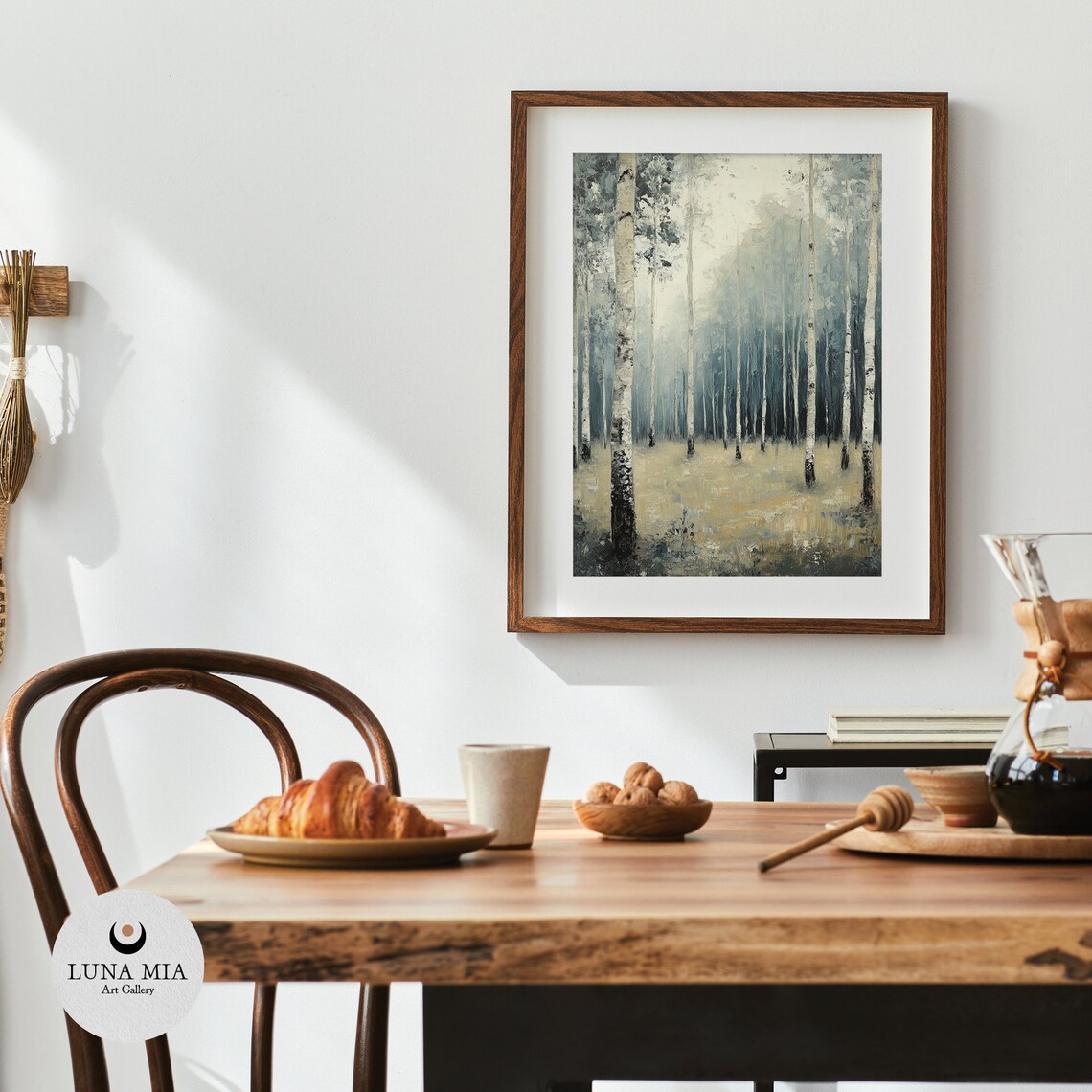 Misty Birch Forest Blue Gray Foggy Woodland Oil Painting Poster - Image 4