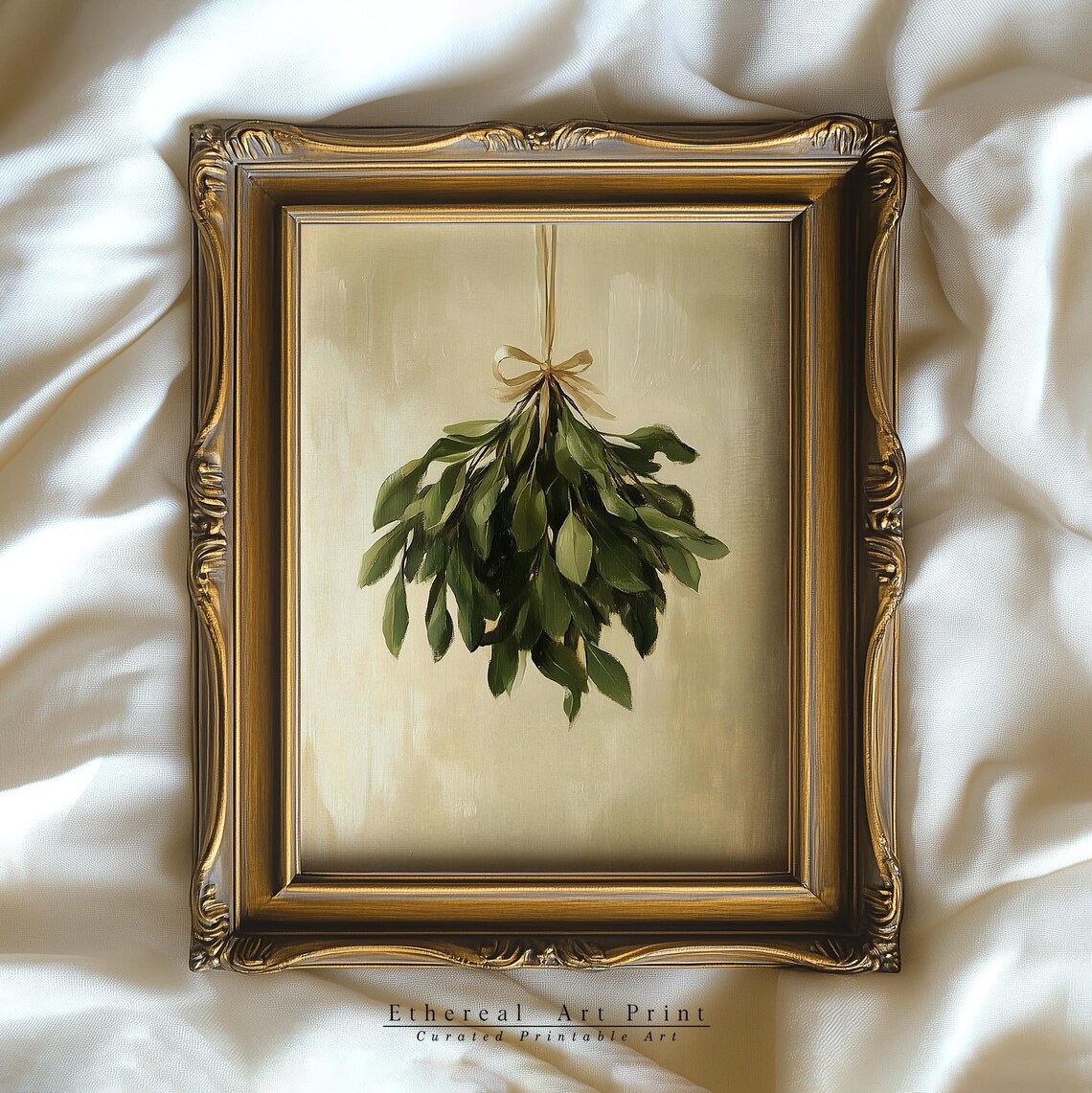 Vintage Mistletoe Sprig Oil Painting Neutral Botanical Holiday Poster - Image 3
