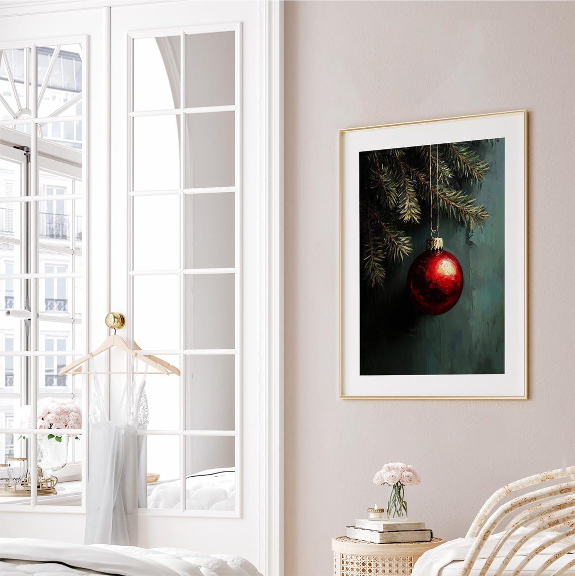 Single Red Christmas Bauble On Pine Branch Dark Moody Art Print - Image 2