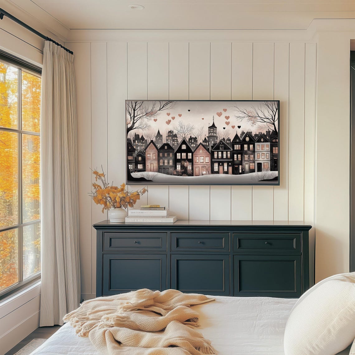 Moody City Skyline With Floating Hearts Winter Night Romance Wall Art - Image 3