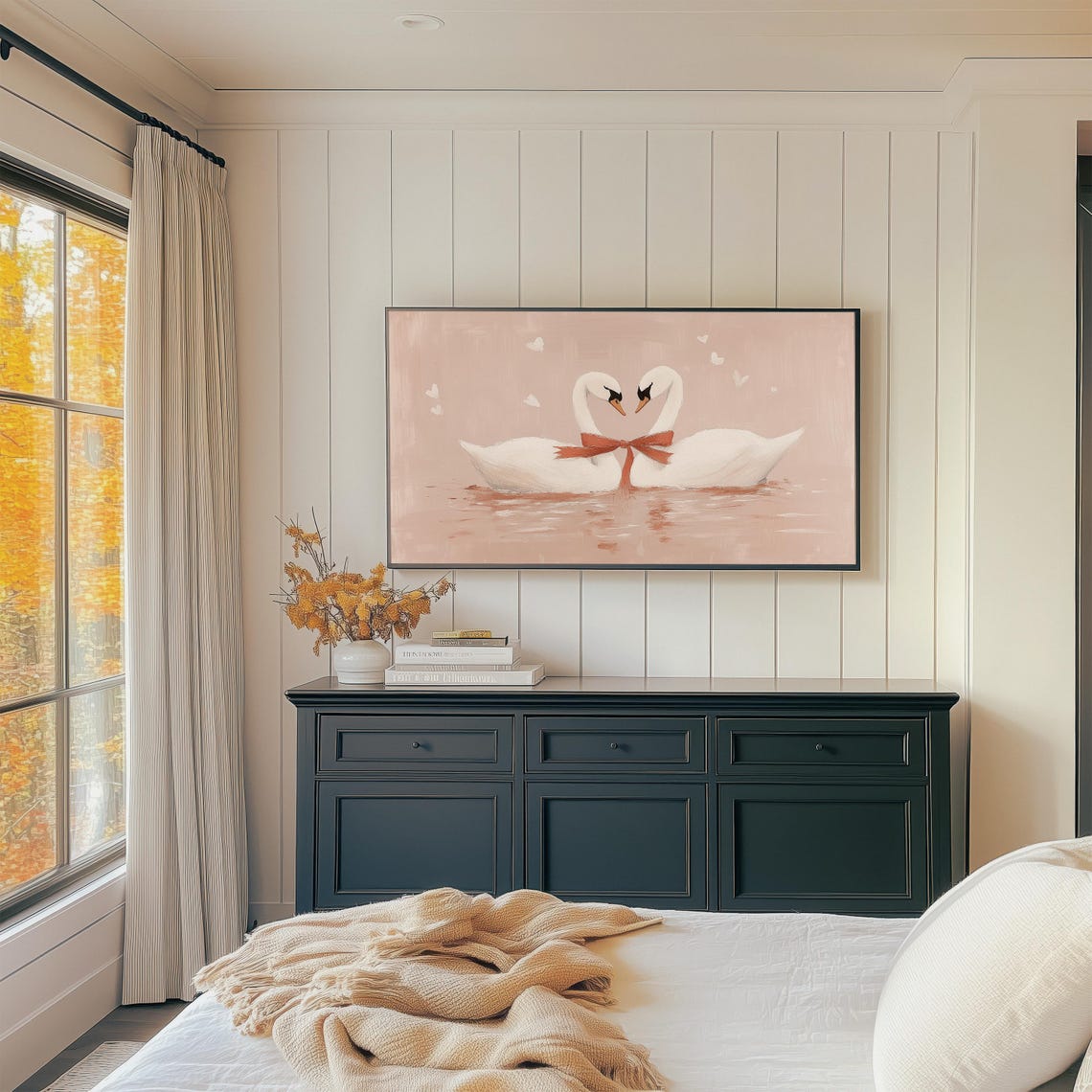 Two White Swans Forming Heart With Red Bow Love Painting Wall Art - Image 3