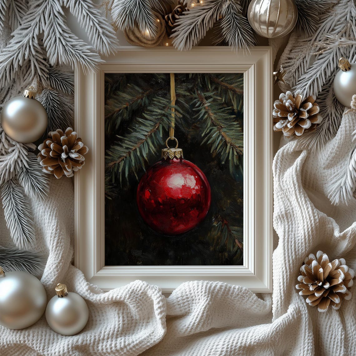 Red Christmas Ornament On Gold Ribbon Pine Branch Oil Art Print - Image 3