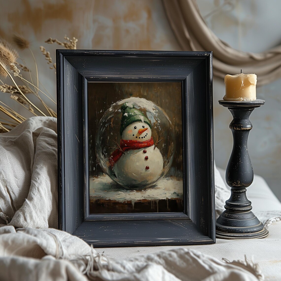 Vintage Snowman in Snow Globe Oil Painting Festive Christmas Print - Image 3