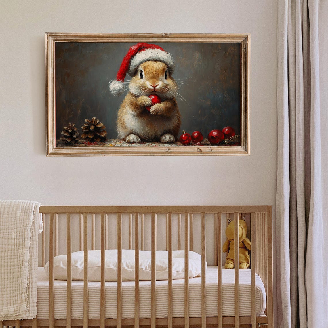 Cute Bunny Santa Hat Holding Ornament Christmas Holiday Wall Art - Image 3