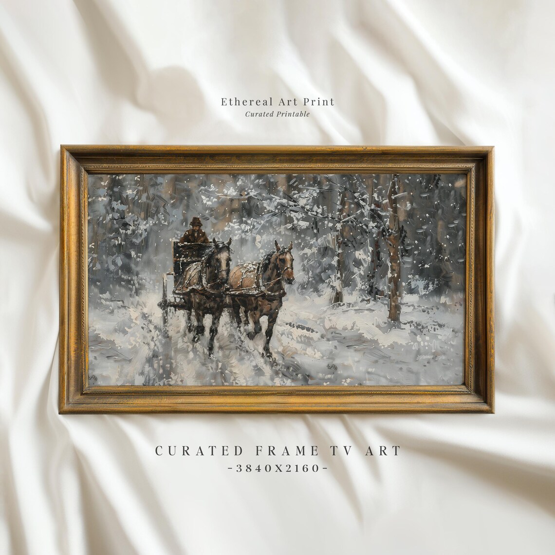 Vintage Horse Drawn Sleigh Ride Snowy Forest Painting Wall Art