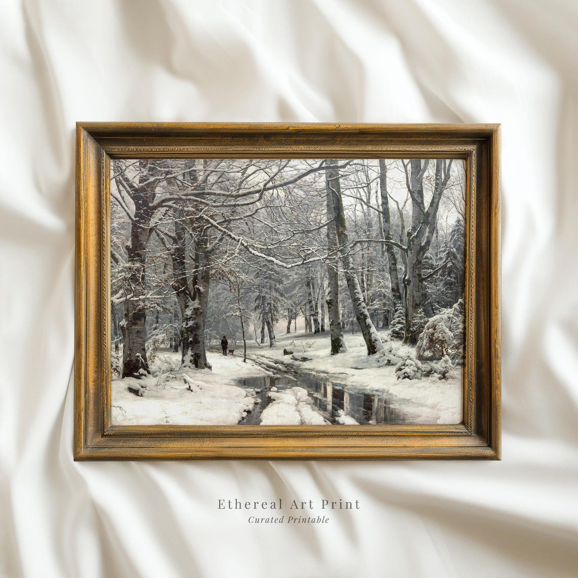 Serene Snowy Forest Path With Stream Vintage Winter Oil Painting Print