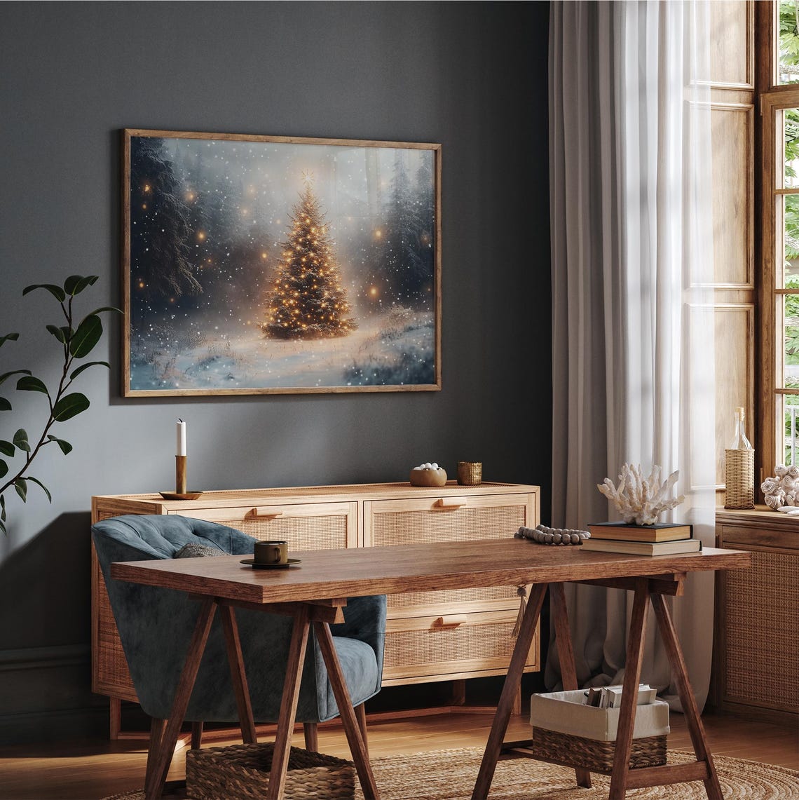 Lit Christmas Tree In Misty Snowy Winter Forest Morning Art Poster - Image 3