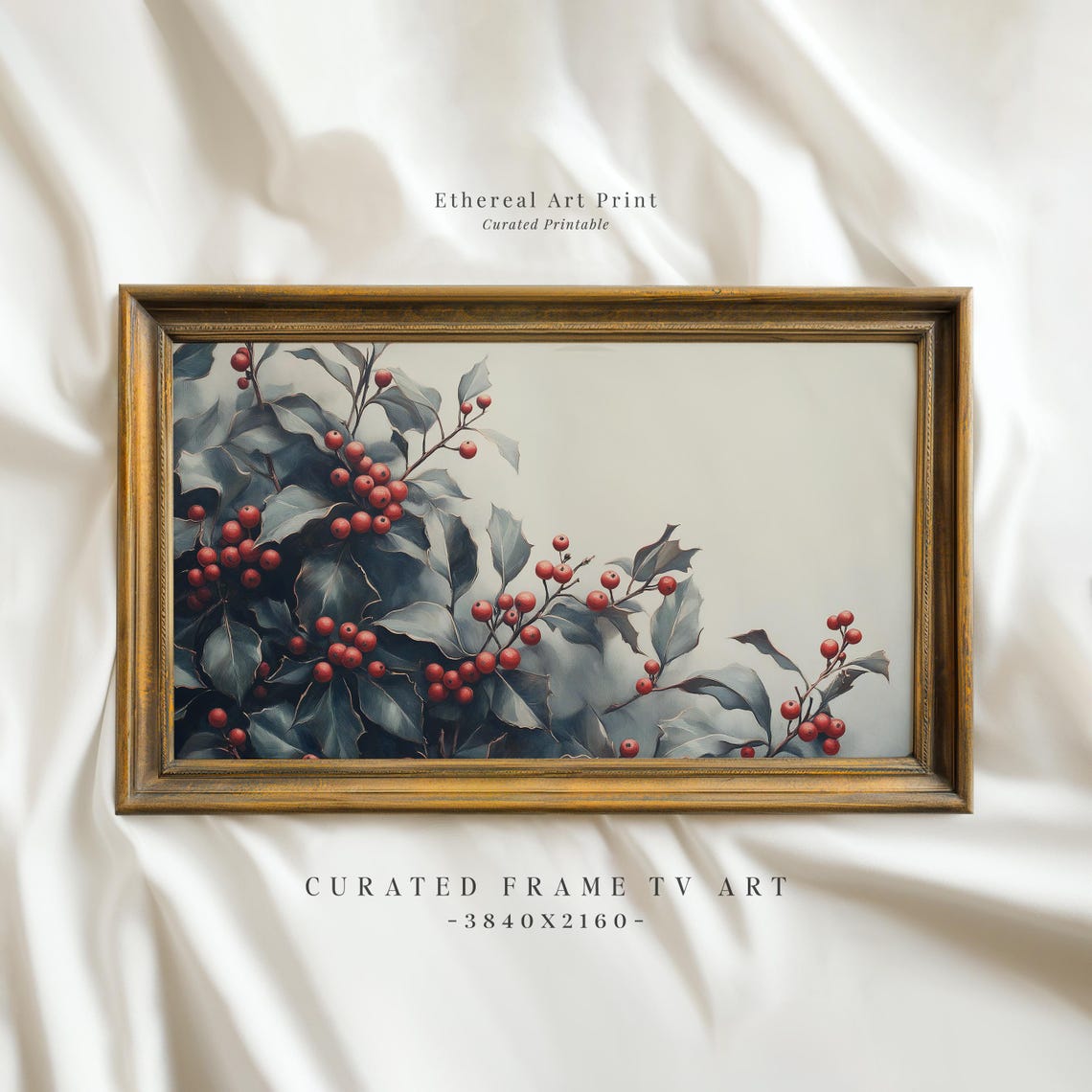 Holly Branches With Red Berries Botanical Christmas Painting Art