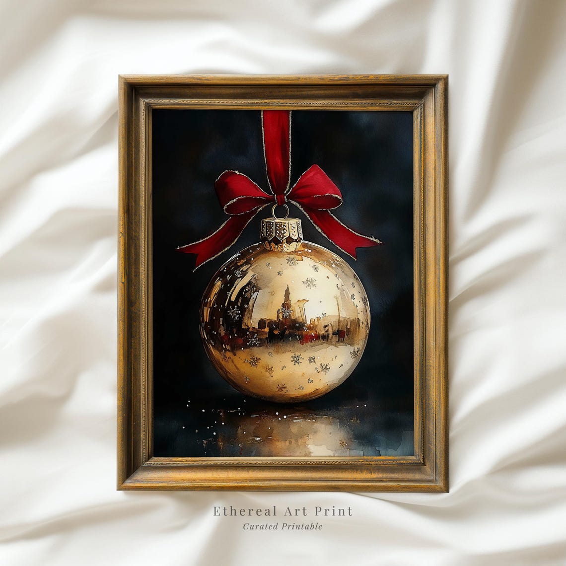 Gold Christmas Ornament With Red Ribbon Festive Ball Painting Print