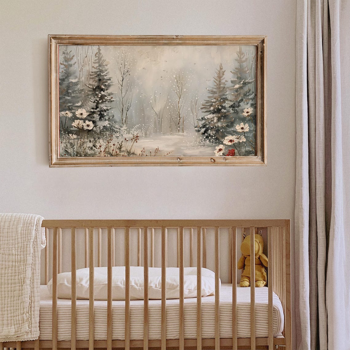 Snowy Winter Forest Watercolor With Wildflowers Misty Art Print - Image 3