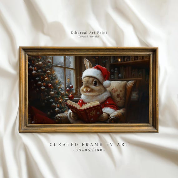 Cute Rabbit In Santa Hat Painting Frame Tv Art Nursery Christmas Decor Vintage Hare Frame Tv Bunny Reading Book Xmas Screensaver