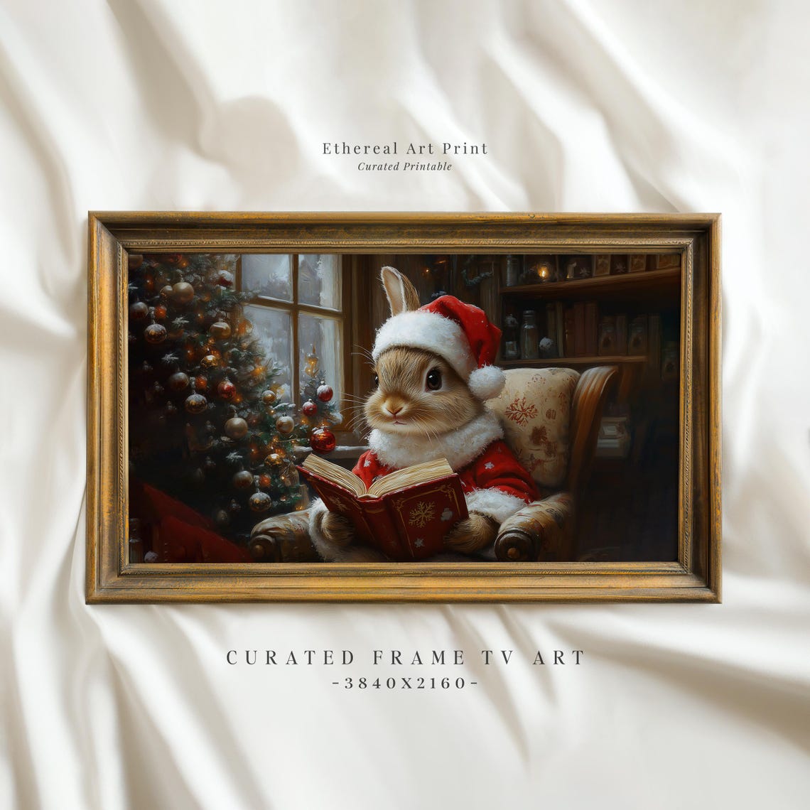 Cozy Bunny Reading Book Christmas Tree Fireplace Holiday Wall Art