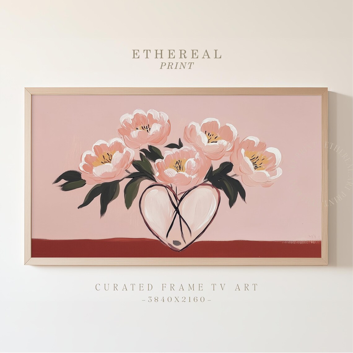 Pink Peonies In Heart Shaped Vase Floral Painting Romantic Wall Art