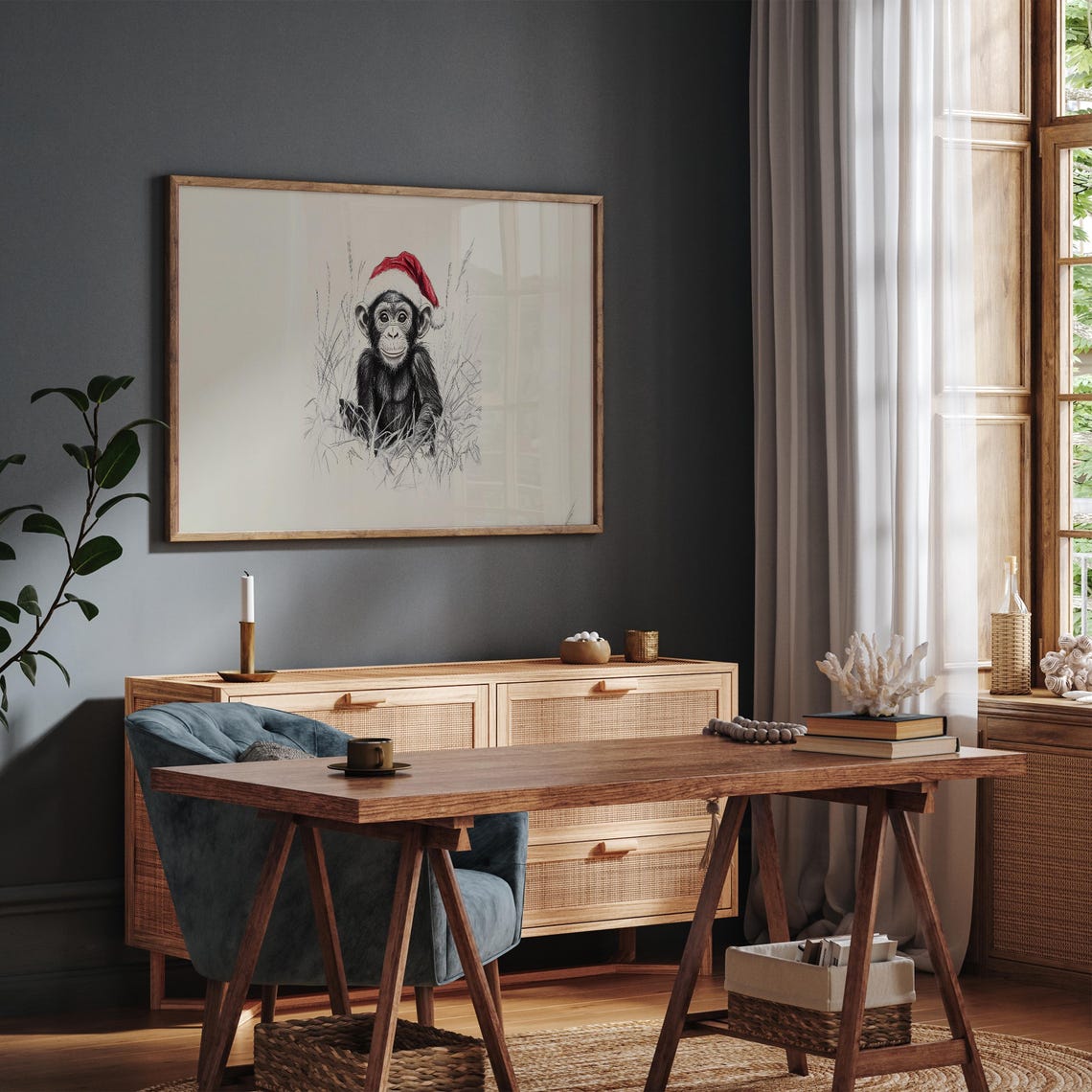 Baby Monkey Santa Hat Smiling Sketch Neutral Christmas Winter Wall Art - Image 4