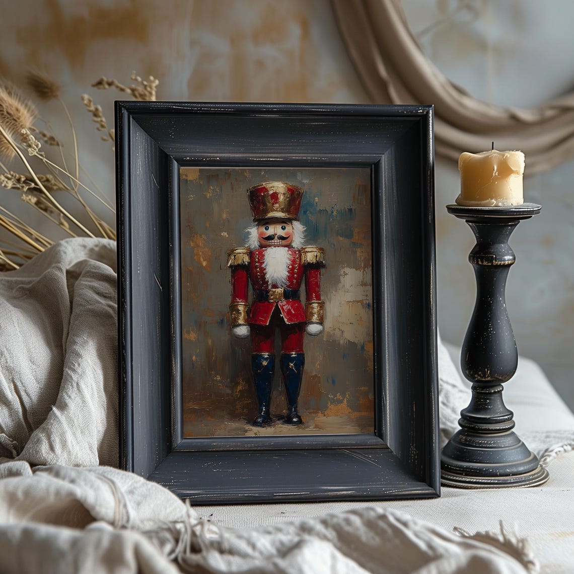Red Gold Nutcracker Soldier Vintage Christmas Oil Painting Wall Art - Image 2