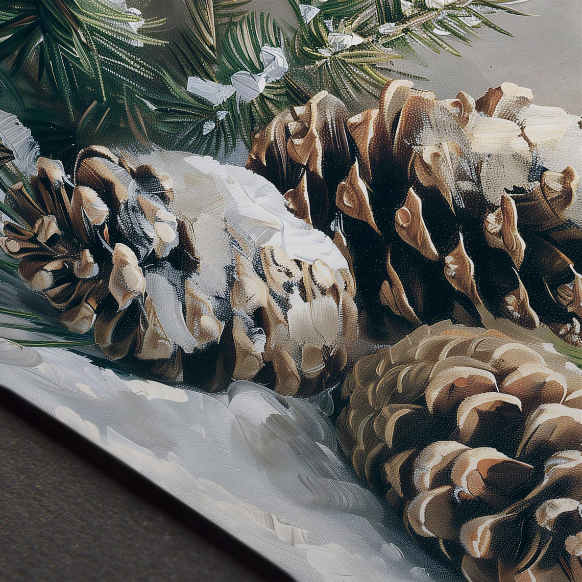 Snow Dusted Pine Cones And Pine Branches Winter Oil Painting Poster - Image 4