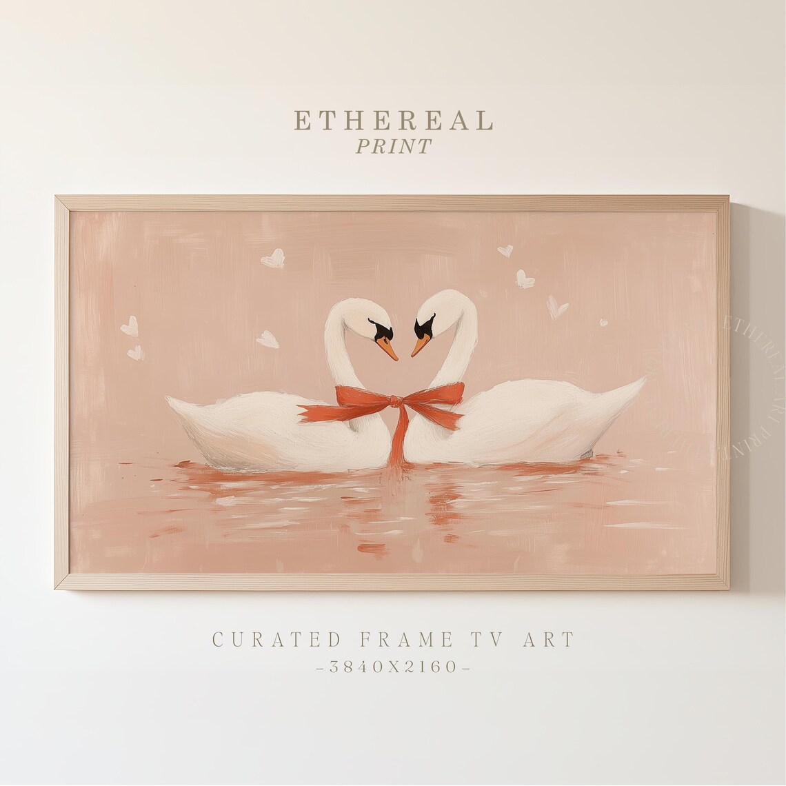 Two White Swans Forming Heart With Red Bow Love Painting Wall Art