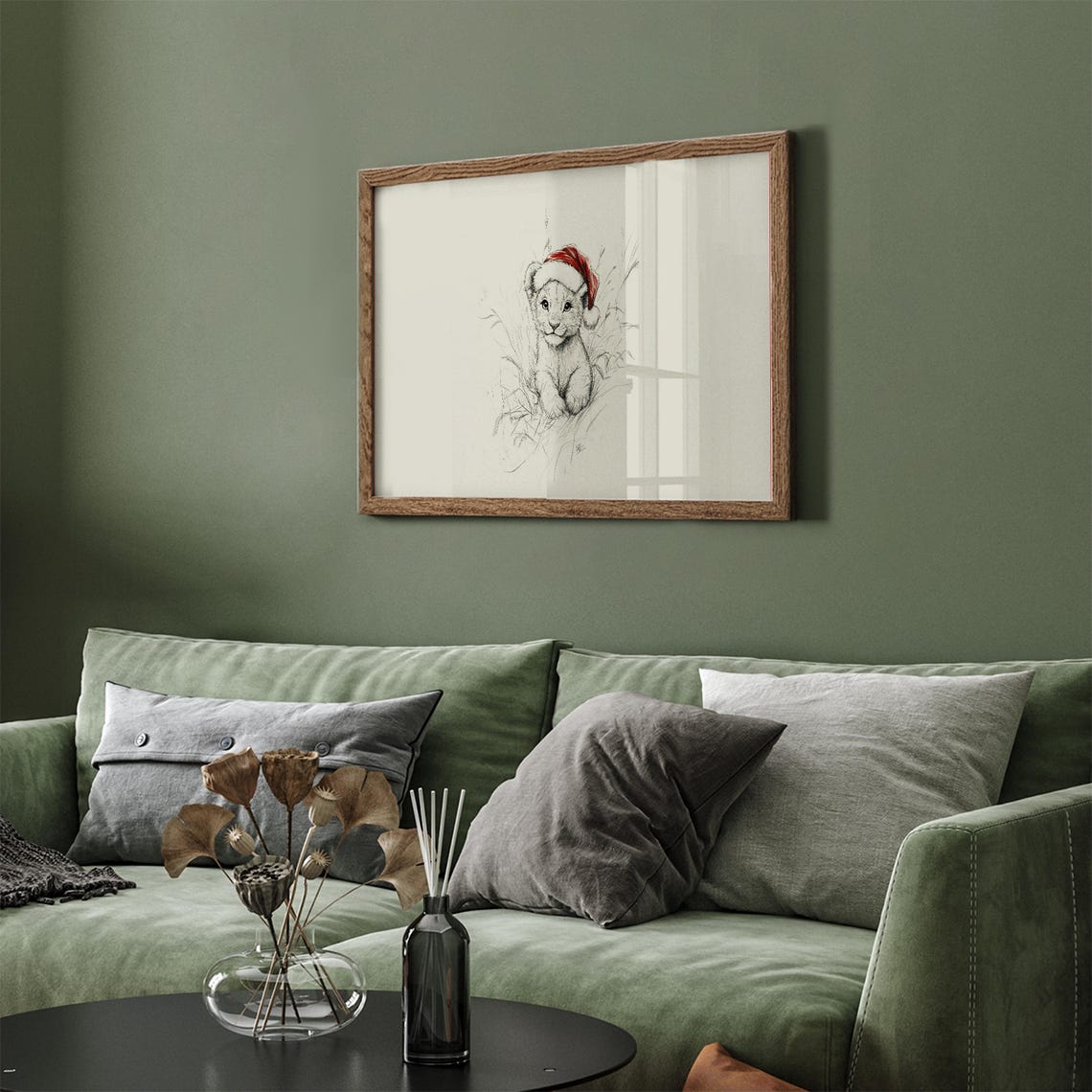 Baby Lion Cub Santa Hat Sketch Grass Nursery Christmas Winter Wall Art - Image 4