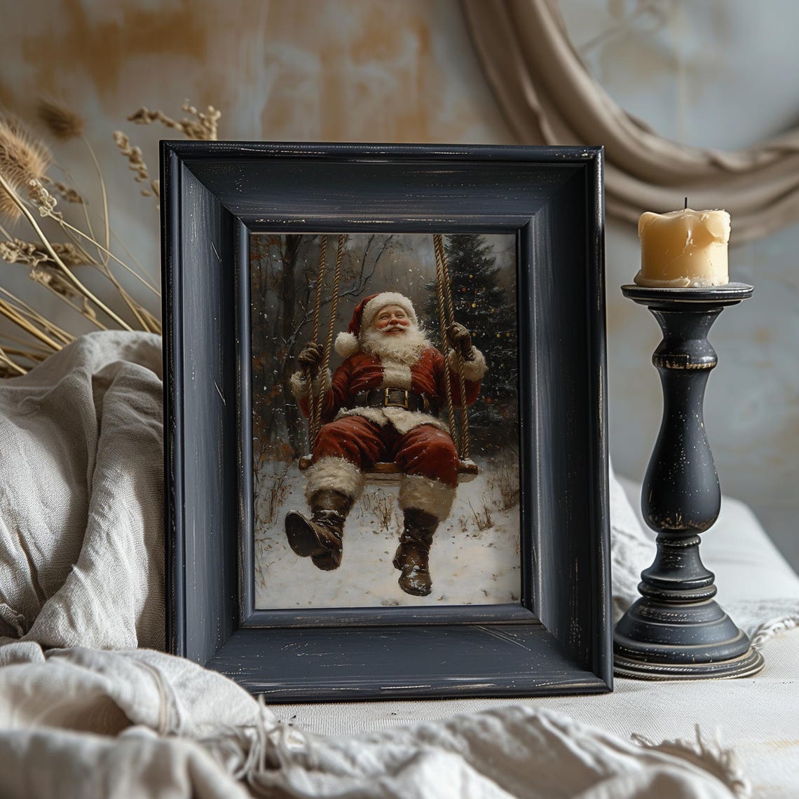 Santa Claus On Swing In Snowy Forest Christmas Painting Wall Art - Image 2