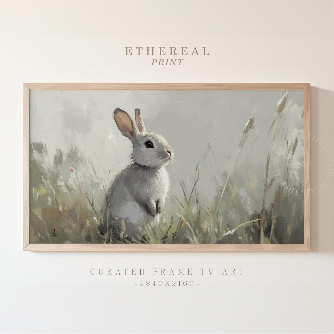 Vintage White Rabbit Sitting In Tall Grass Painterly Animal Print
