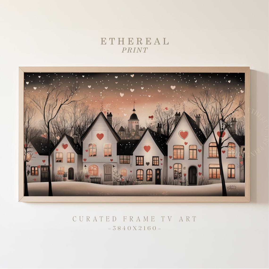 Snowy Cottage Street At Night With Falling Hearts Romance Wall Art