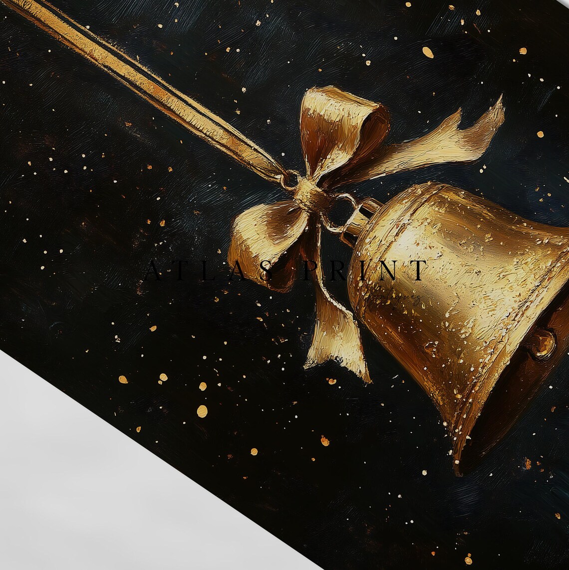 Antique Gold Christmas Bell With Bow Dark Moody Holiday Art Print - Image 4
