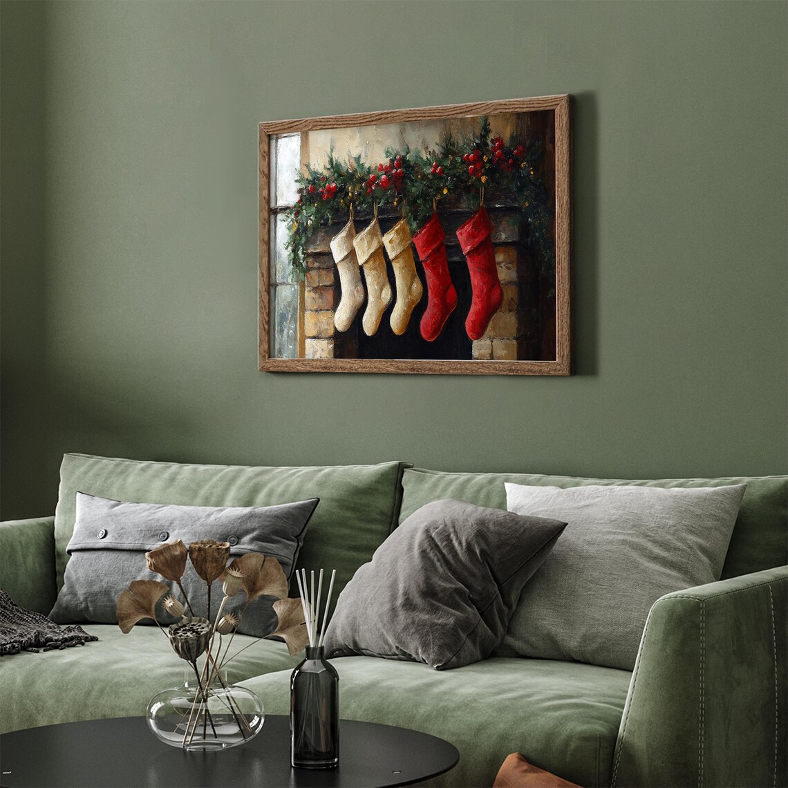 Christmas Stockings On Fireplace Mantel Garland Painting Wall Art - Image 4