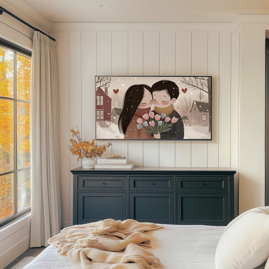 Cozy Couple Embracing In Snowy Village Tulip Bouquet Art Print - Image 2