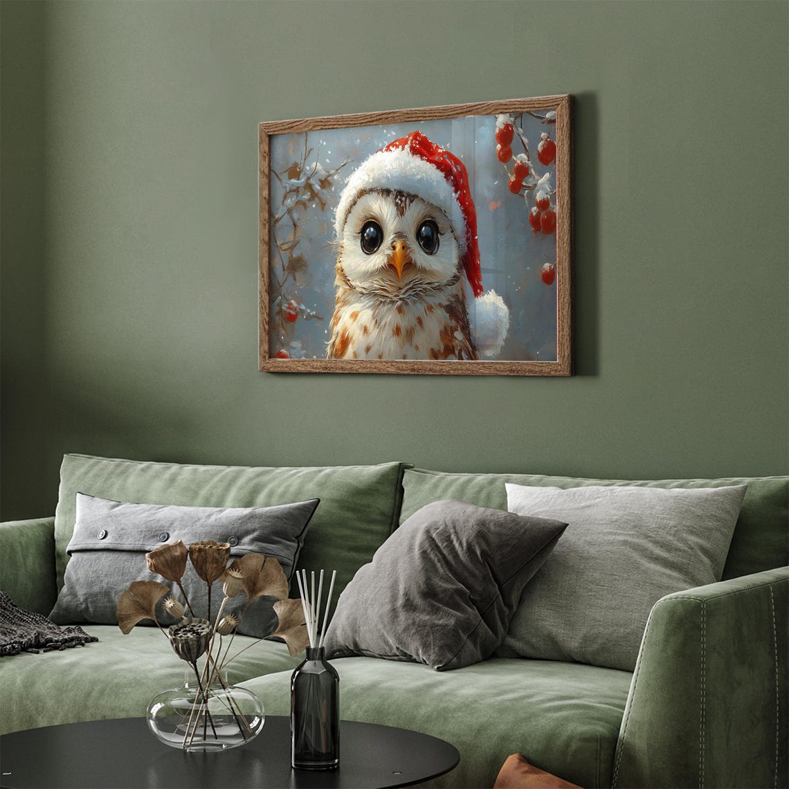 Adorable Baby Owl Santa Hat Red Berries Christmas Portrait Print - Image 2