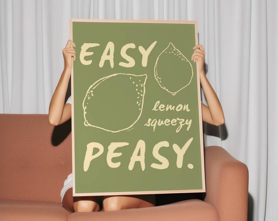 Easy Peasy Lemon Squeezy Print Olive Green Kitchen Decor Retro Food Print Trendy Kitchen Wall Art Mid Century Print