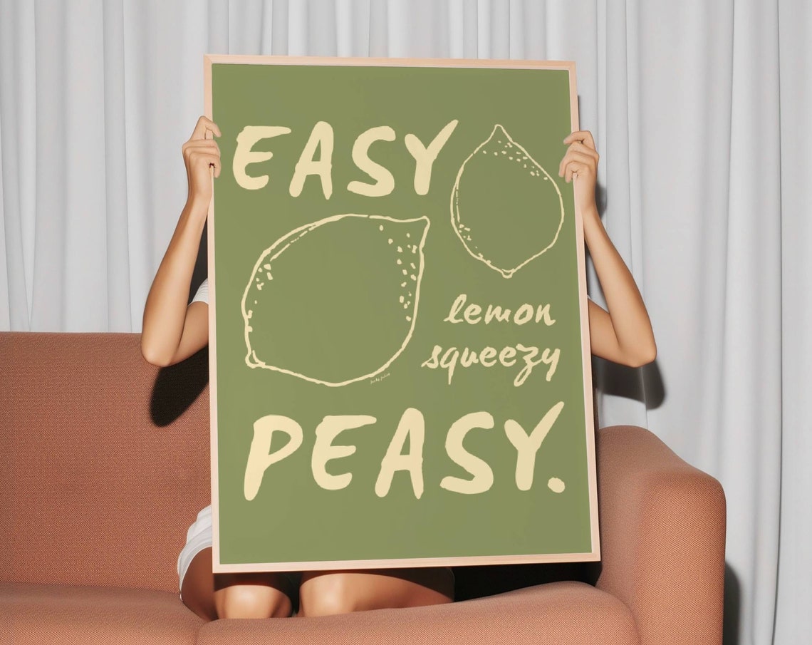 Easy Lemon Squeezy Peasy Olive Green Retro Kitchen Quote Poster