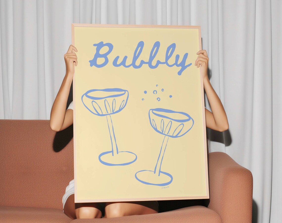 Bubbly Pastel Champagne Coupes Hand Drawn Kitchen Bar Cart Poster