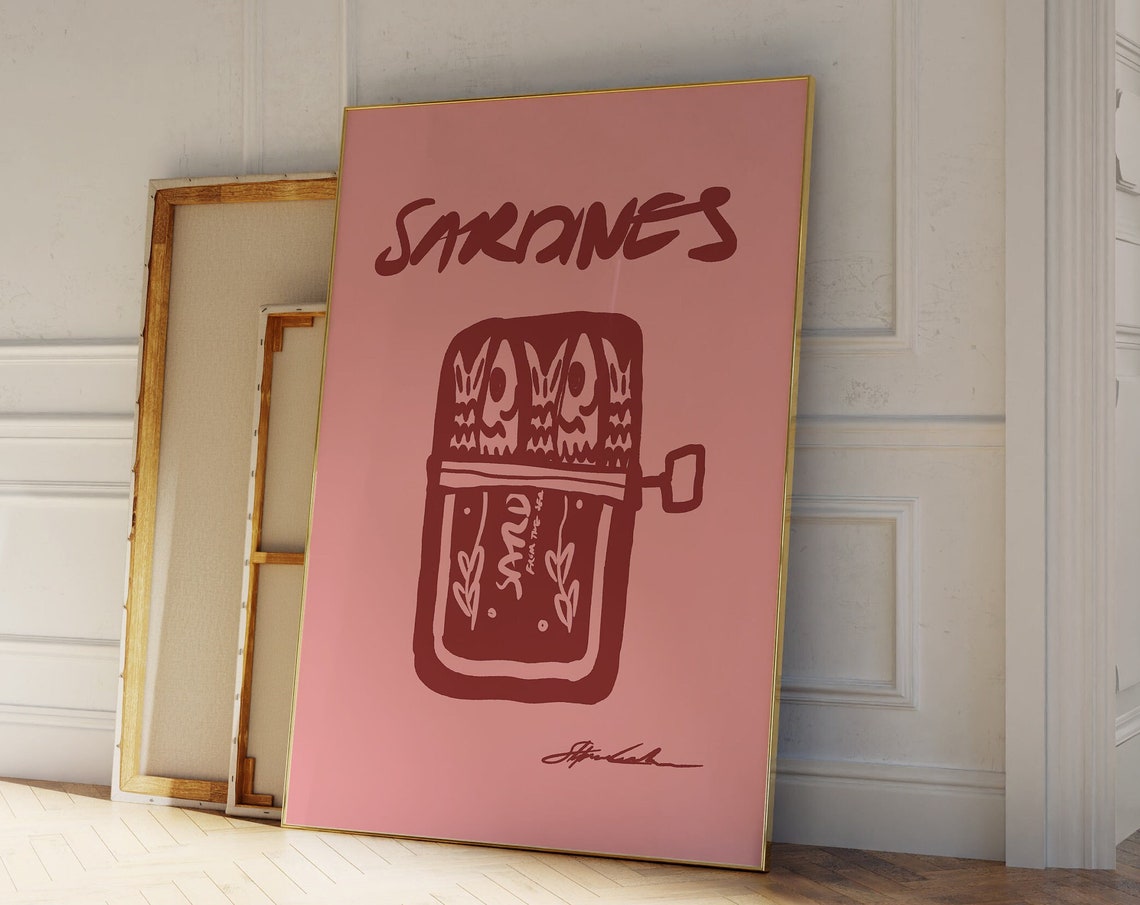 Sardines Tin Hand Lettered Pink Retro Playful Kitchen Poster