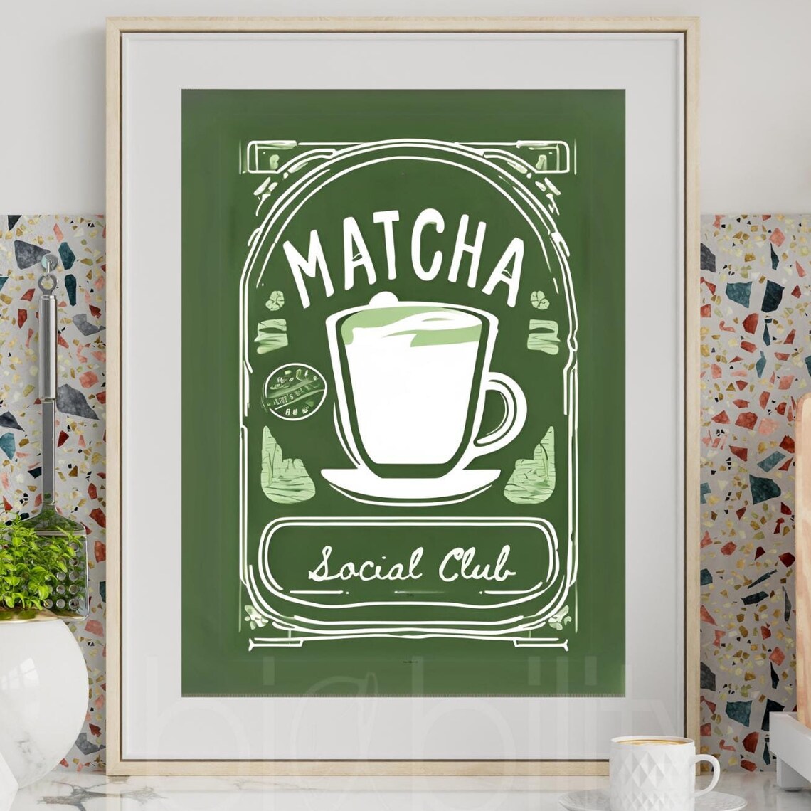 Matcha Social Club Green Vintage Cafe Sign Illustration Poster