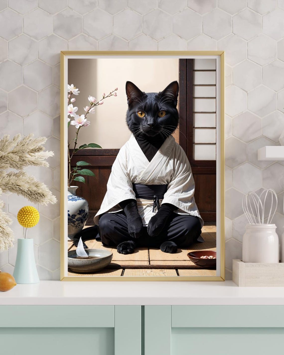 Black Cat Wearing Kimono Seated Zen Japanese Style Print Decor - Image 3