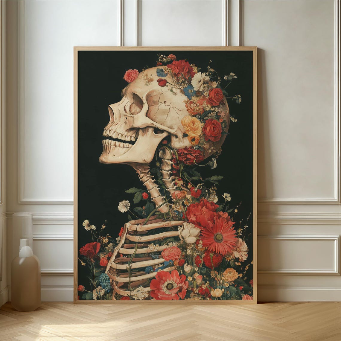 Human Skeleton with Blooming Flowers Dark Botanical Art Poster