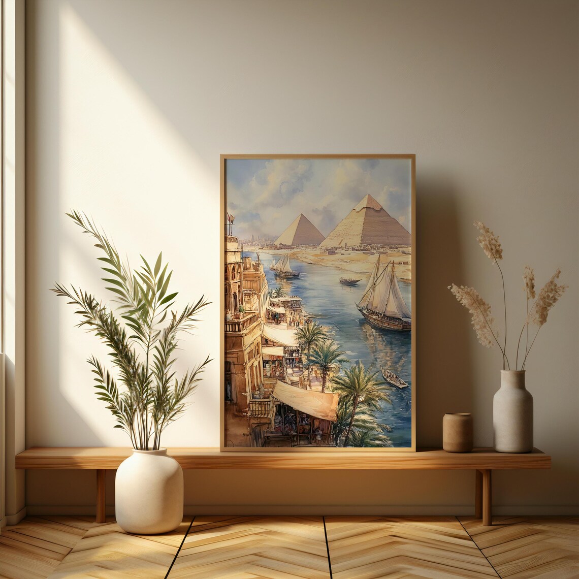 Giza Pyramids By The Nile With Felucca Boats Egypt Travel Poster - Image 3