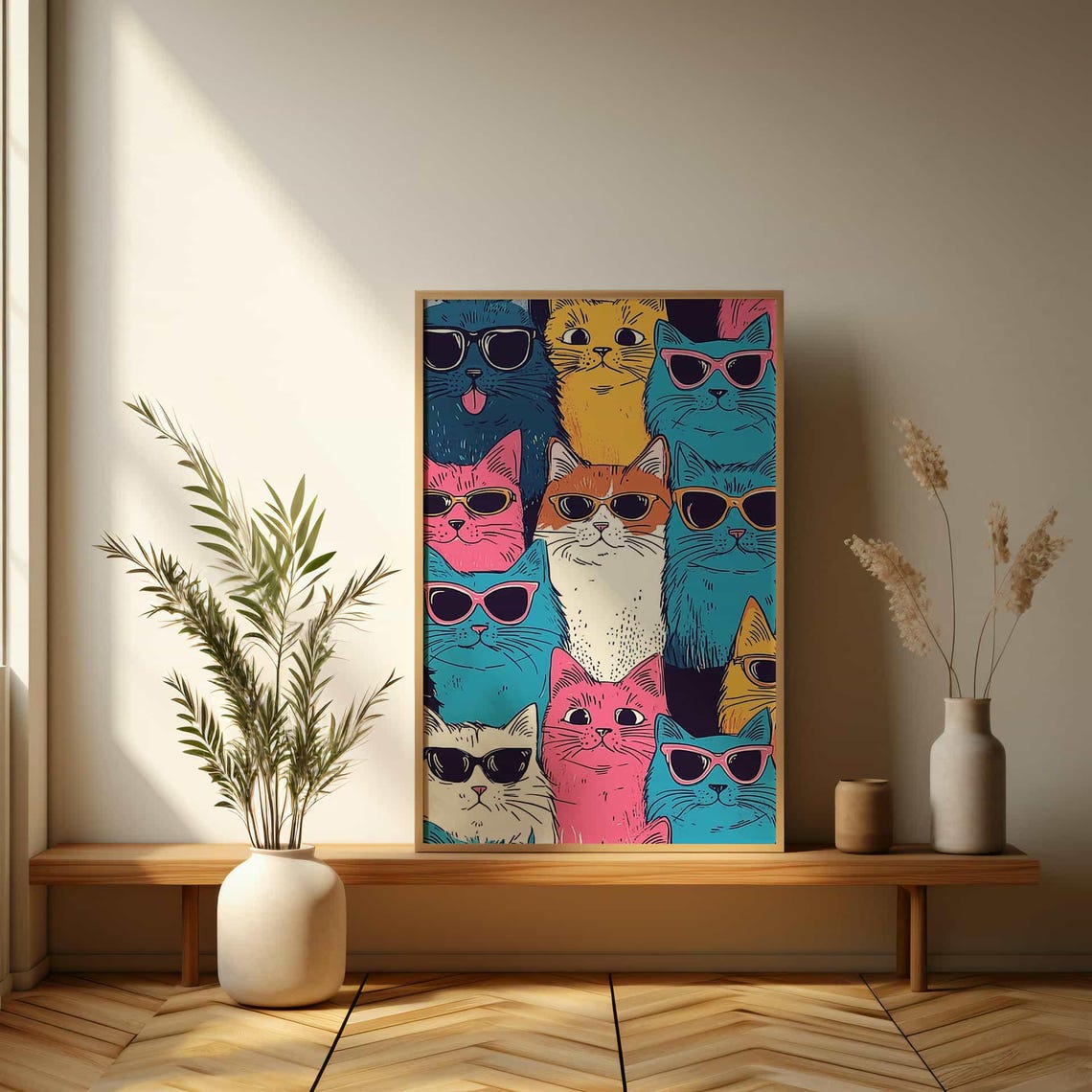 Cool Colorful Cats Wearing Sunglasses Retro Pop Art Funny Poster - Image 3