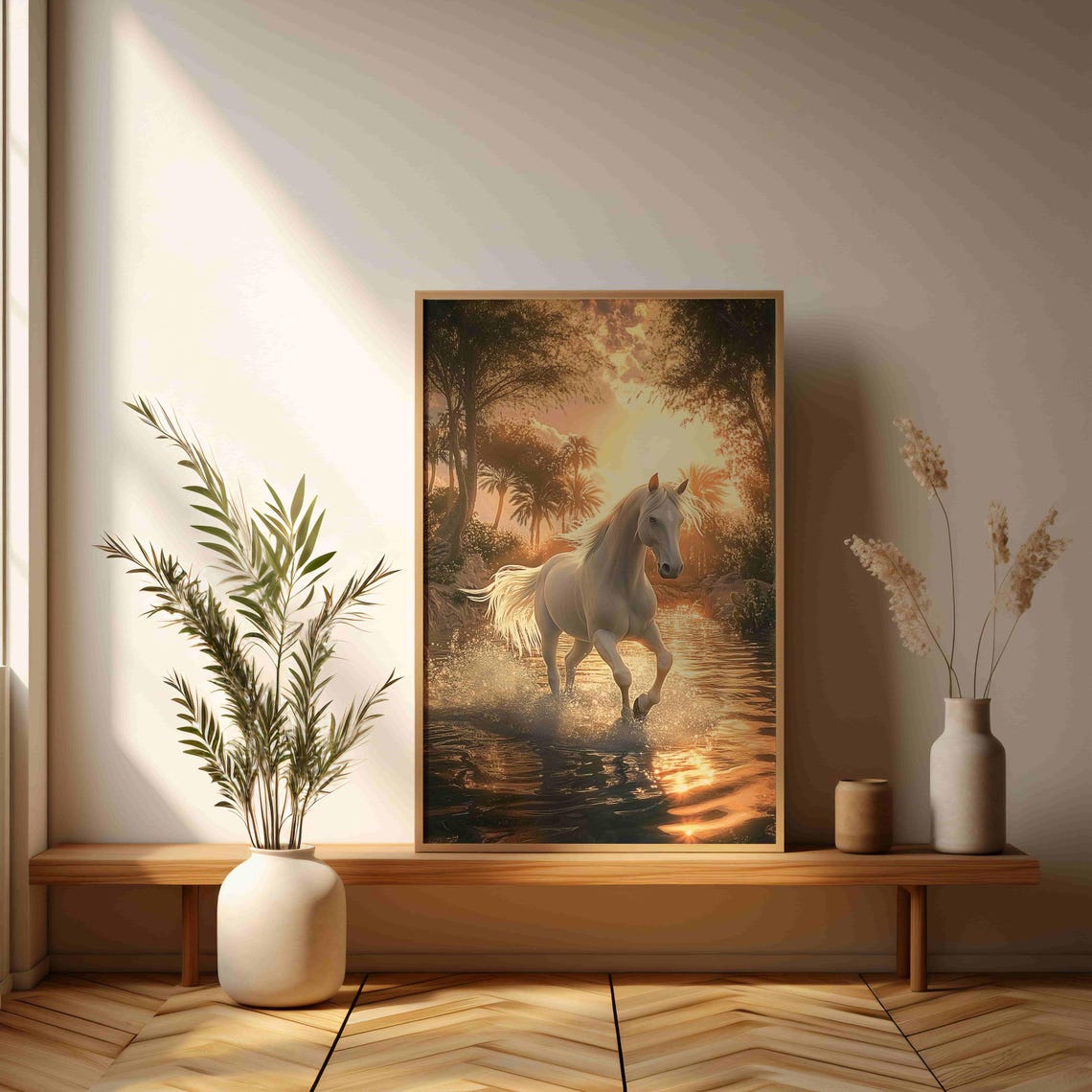 White Horse Galloping Through Water At Golden Sunset Scene Poster - Image 3