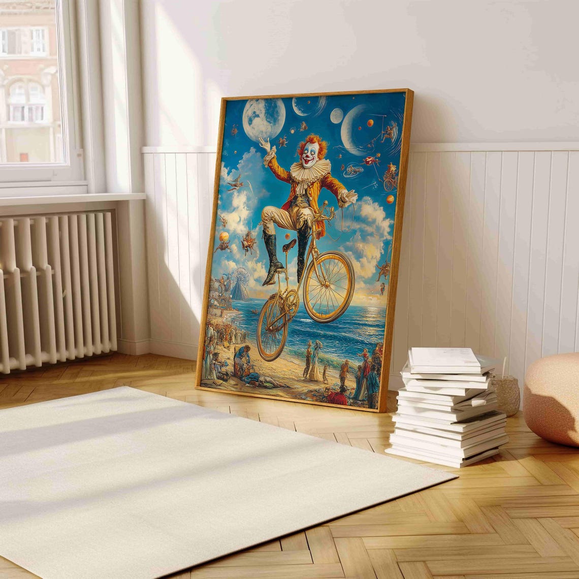 Surreal Clown Riding Bicycle Over Beach Moonscape Art Poster - Image 5