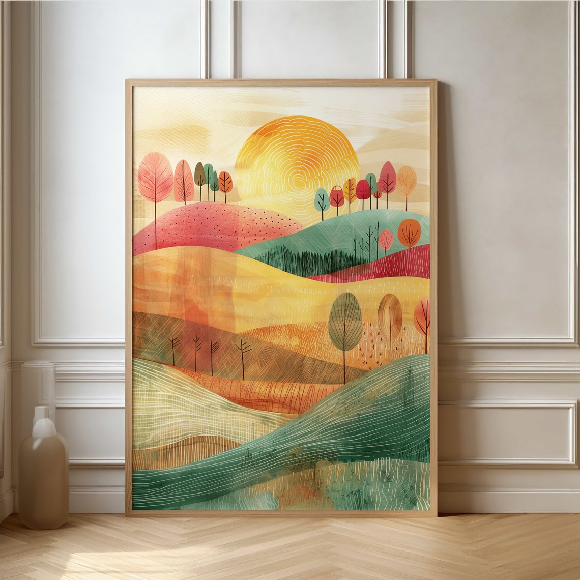 Whimsical Autumn Tree Over Colorful Rolling Hills Landscape Poster