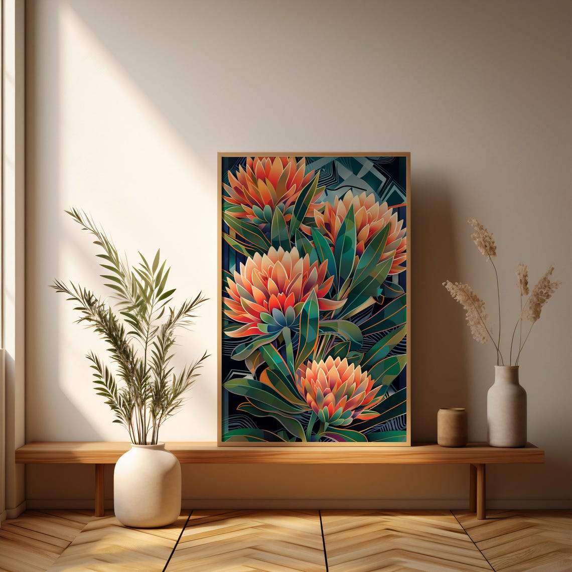 Glowing Orange King Protea Art Deco Dark Geometric Floral Poster - Image 3