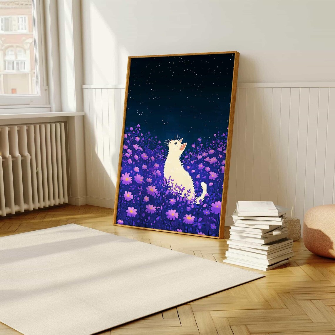 Whimsical Cat and Stars Poster, Floral Art Print - Image 5