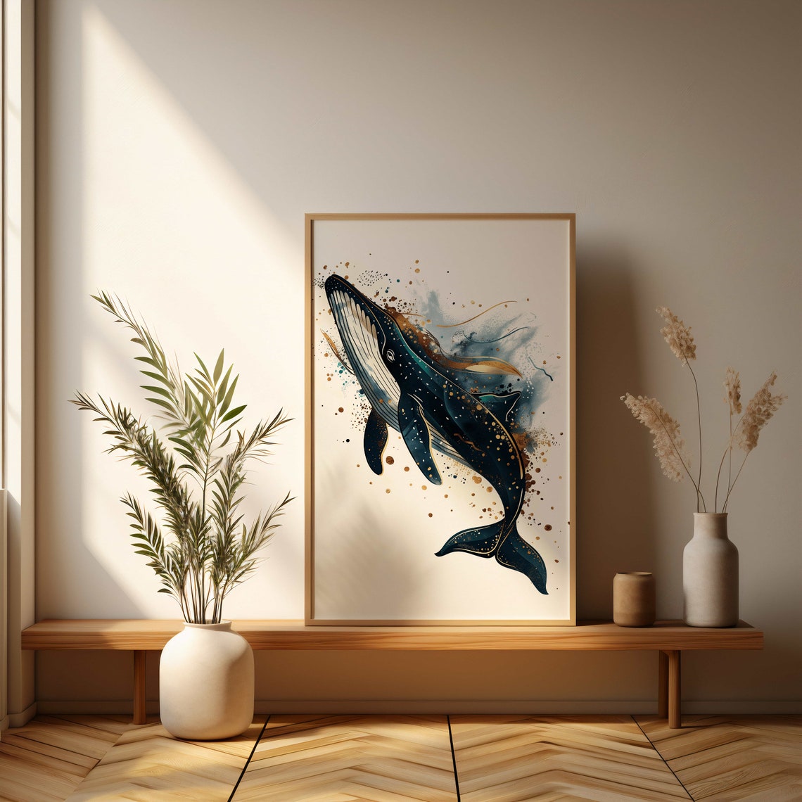 Humpback Whale Watercolor Art with Gold Splatter Detail Poster - Image 3