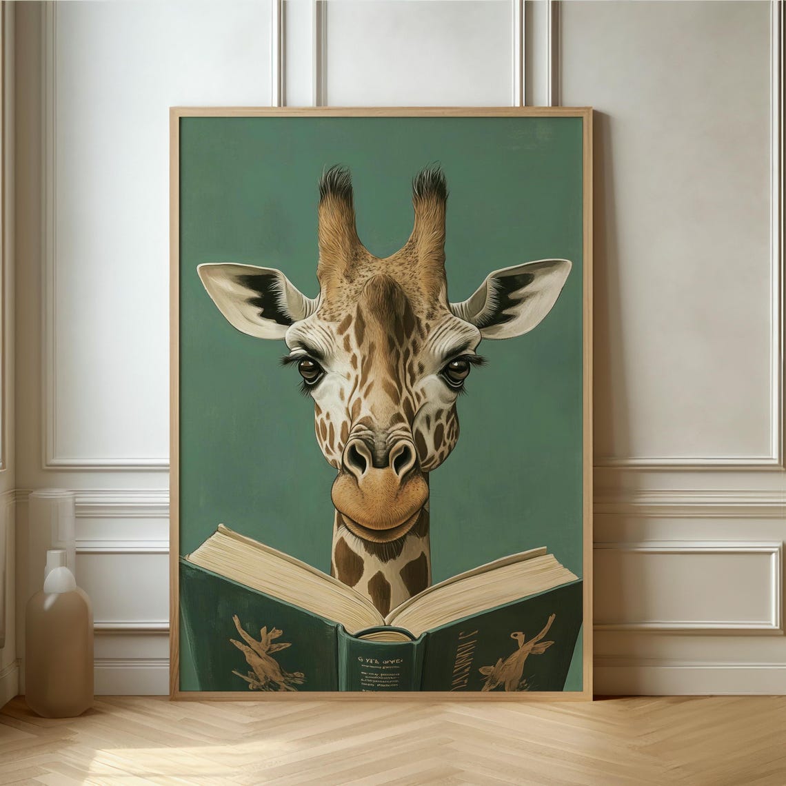Curious Giraffe Reading A Book On Teal Background Animal Poster