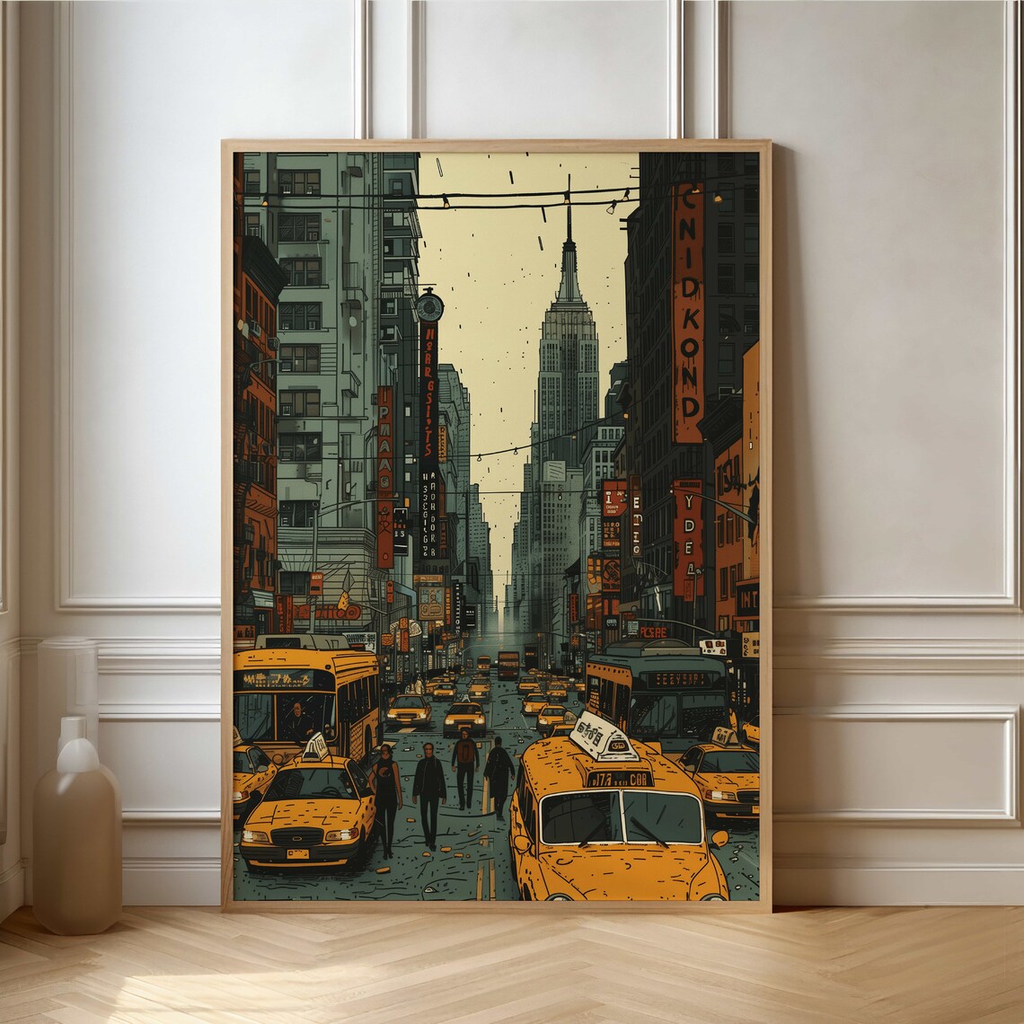 Retro New York City Street Scene with Yellow Taxis Art Poster