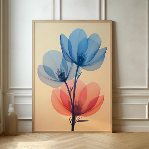 Ethereal Floral Elegance Soft Blue And Coral Flower Wall Art Perfect For Modern And Minimalist Decor