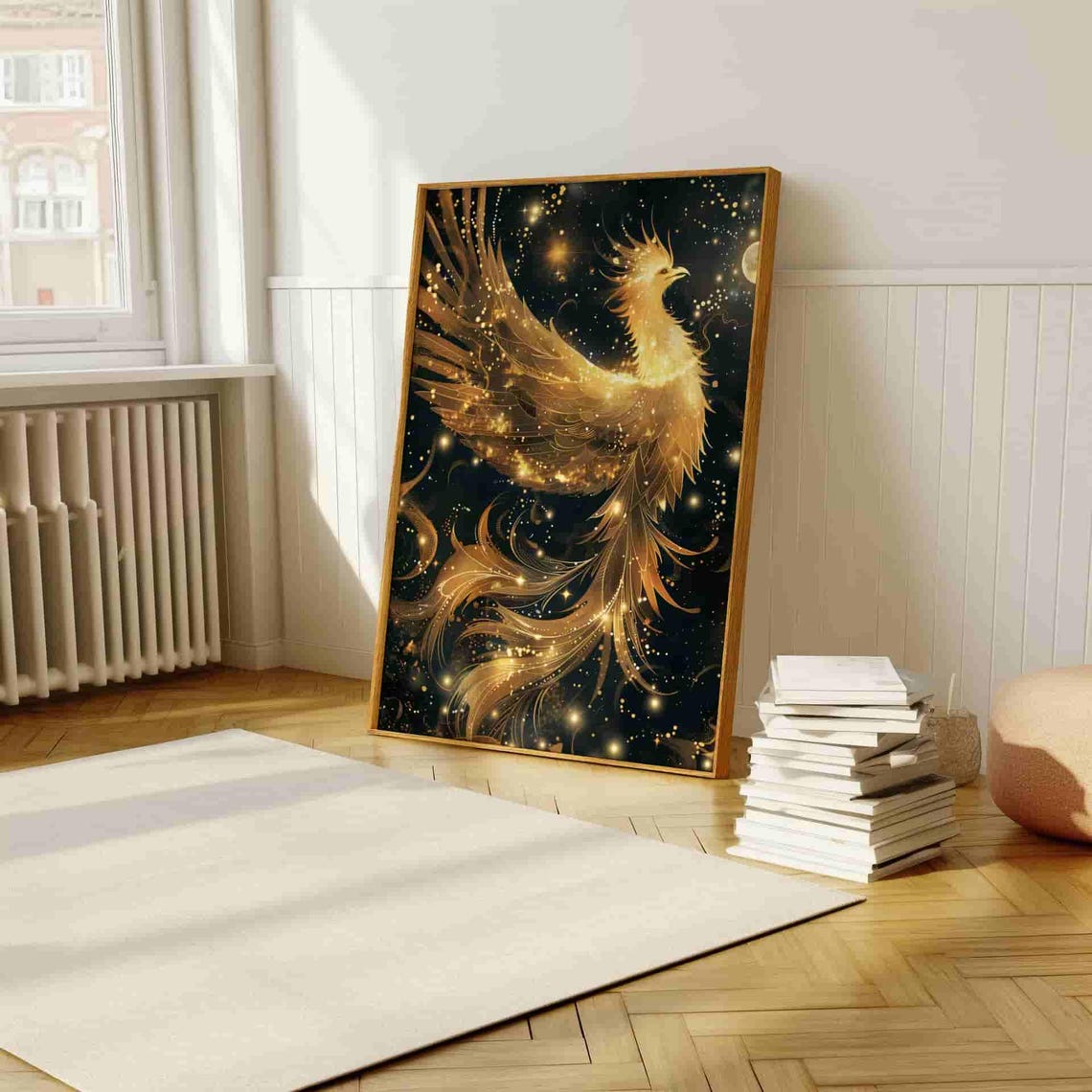 Golden Phoenix Rising Over a Starry Midnight Night Sky Art Poster - Image 4