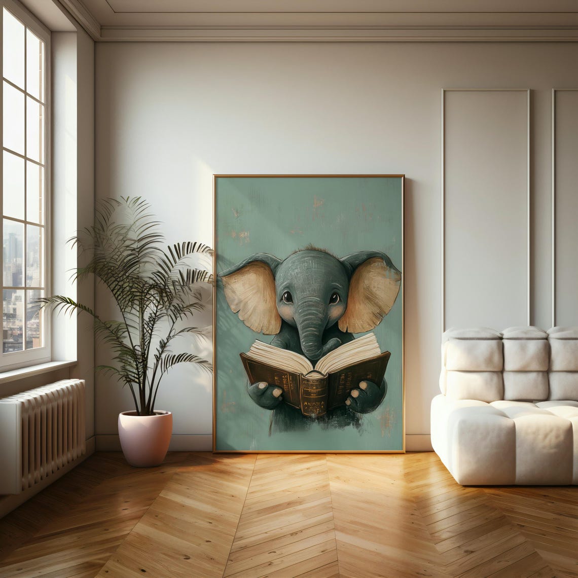 Baby Elephant Reading A Book On Teal Cute Nursery Room Poster - Image 2