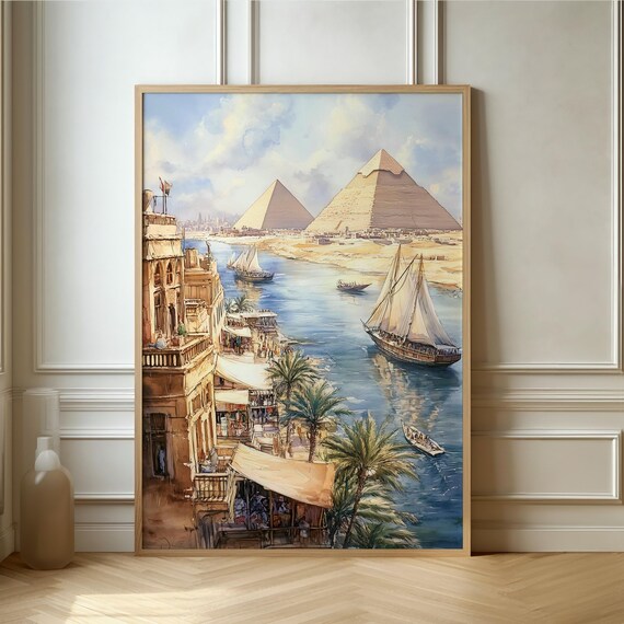 Giza Pyramids By The Nile With Felucca Boats Egypt Travel Poster